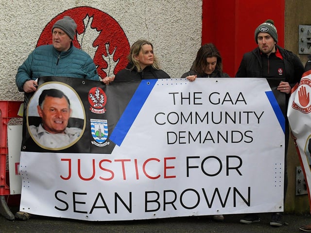 Relatives and supporters march from Free Derry Wall to Celtic Park, on Sunday afternoon, to protest against the British Government’s Legacy Bill’s lack of investigation into the deaths of Sean Brown and Patrick Kelly. Photo: George Sweeney