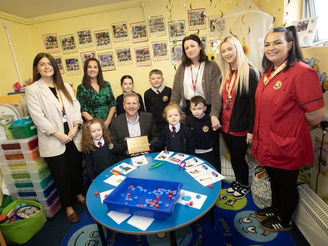 Children's Commissioner Chris Quinn pictured at the opening of the new 'The Thrive Hive' on Thursday morning at Holy Child PS with pupils, principal, vice principal and staff.