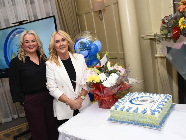 Cllr Sandra Duffy and Ciara Ferguson MLA enjoying the Greater Shantallow Area Partnership's 30th anniversary celebrations in Bishop's Gate Hotel on Friday last. : .