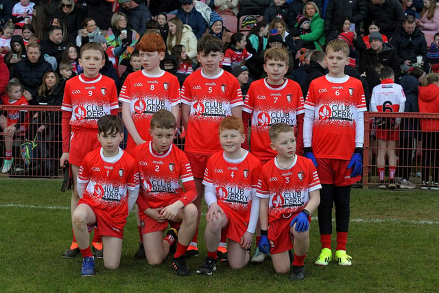 Young footballers from Club Derry played at half-time in Celtic Park on Saturday evening. Photo: George Sweeney