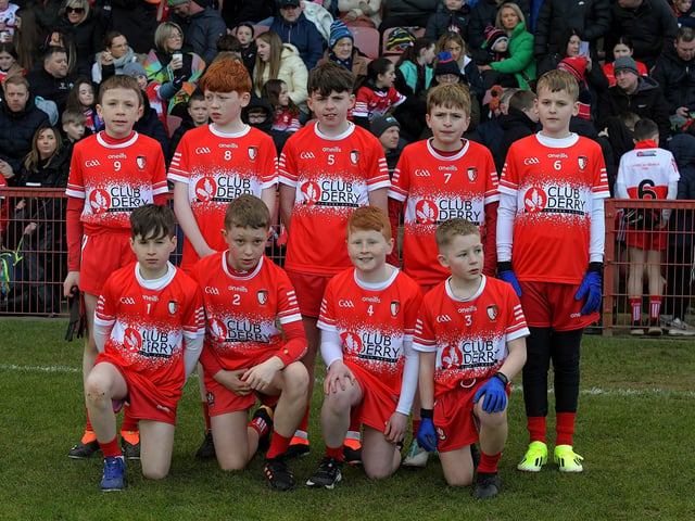 Young footballers from Club Derry played at half-time in Celtic Park on Saturday evening. Photo: George Sweeney