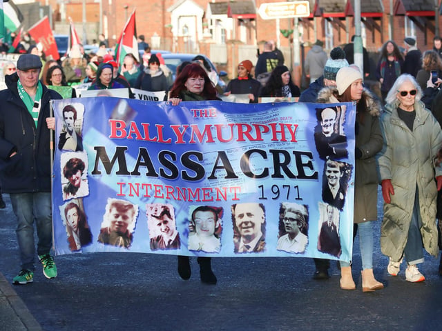 Family and friends of victims of Ballymurphy who were murdered by British Paras in 1971 taking part in the "Unfinished Business March for Justice". (Photo - Tom Heaney, nwpresspics)