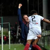 Drogheda assistant manager Daire Doyle celebrates a big win at Brandywell.
