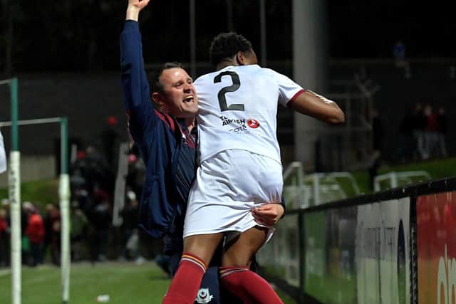 Drogheda assistant manager Daire Doyle celebrates a big win at Brandywell.