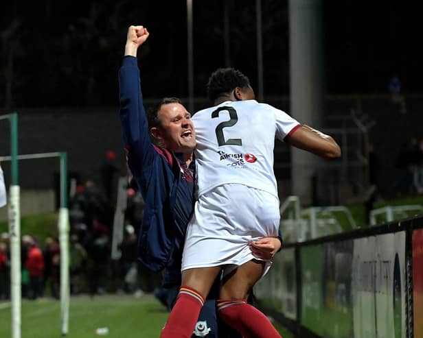 Drogheda assistant manager Daire Doyle celebrates a big win at Brandywell.