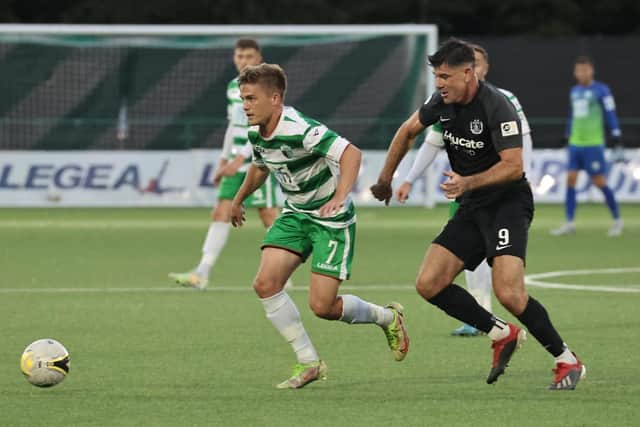 Josh Daniels (left) in action for Welsh side The New Saints. Picture by Brian Jones TNS club photographer