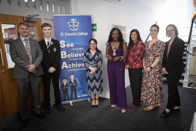 The Mayor of Derry City and Strabane District Council, Lilian Sennoi-Barr pictured at Friday's St. Columb's College Round Table Careers event at Ulster University Magee. Included from left are Mr. Brian Keys, Vice Princpal, Aaron O'Doherty, Head Boy, Mr. Caroline McLaughlin, Principal, Mrs. Michaela Doherty, Senior Teacher, Mr. Brian Keys, Vice Principal, Mrs. Laura Prior, Ulster University and Mrs. Ursula Grimley, Vice Principal. (Photos: Jim McCafferty Photography)