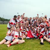 Derry players celebrate after the 2023 All-Ireland U14 Gold Final at Clan na Gael GAA Club in Dundalk, Co. Louth. Photo by Stephen Marken/Sportsfile