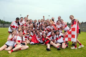 Derry players celebrate after the 2023 All-Ireland U14 Gold Final at Clan na Gael GAA Club in Dundalk, Co. Louth. Photo by Stephen Marken/Sportsfile
