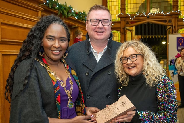 The Mayor Councillor Lilian Seenoi-Barr has hosted a reception for Lorretta Bradley, pictured with her husband James,  who is retiring from Sacred Heart PS. Loretta was accompanied by family, friends and colleagues in the Mayor’s Parlour in the Guildhall. Picture Martin McKeown.