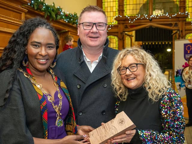 The Mayor Councillor Lilian Seenoi-Barr has hosted a reception for Lorretta Bradley, pictured with her husband James,  who is retiring from Sacred Heart PS. Loretta was accompanied by family, friends and colleagues in the Mayor’s Parlour in the Guildhall. Picture Martin McKeown.