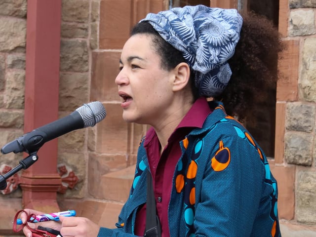 Abby Oliveira speaking at the Unite Against Hate rally - Guildhall Square on Saturday. (Photo - Deirdre Heaney, nwpresspics)