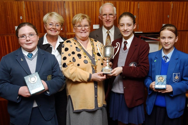 The Mayor of Derry, Councillor Kathleen McCloskey presenting the first prize in the Post Primary Home Accident Prevention Public Speaking Final to Lydia Hill (Foyle College). Included, from left, are Clare Boucher (Thornhill), runner-up, Collette Craig, organiser, Albert Smallwoods, chairman, Home Accident Prevention committee, and Anna McFarland, (St Mary's), third.