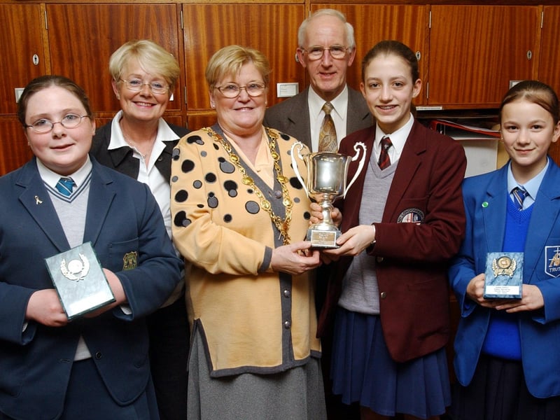 The Mayor of Derry, Councillor Kathleen McCloskey presenting the first prize in the Post Primary Home Accident Prevention Public Speaking Final to Lydia Hill (Foyle College). Included, from left, are Clare Boucher (Thornhill), runner-up, Collette Craig, organiser, Albert Smallwoods, chairman, Home Accident Prevention committee, and Anna McFarland, (St Mary's), third.
