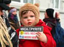 Ginnie Lou McGonagle at the MICRA protest outside the Playhouse, in Artillery Street during a visit by Taoiseach Micheál Martin to a John Hume Foundation event in the venue. Photo: George Sweeney.  DER2213GS – 058