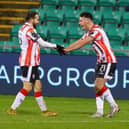 Derry City striker Danny Mullen celebrates putting the Candy Stripes ahead with Paul McMullan who supplied the cross. Photo by Kevin Moore.