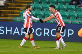 Derry City striker Danny Mullen celebrates putting the Candy Stripes ahead with Paul McMullan who supplied the cross. Photo by Kevin Moore.