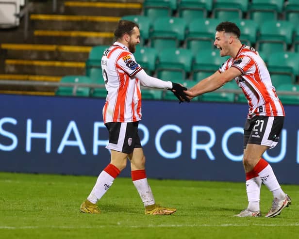 Derry City striker Danny Mullen celebrates putting the Candy Stripes ahead with Paul McMullan who supplied the cross. Photo by Kevin Moore.