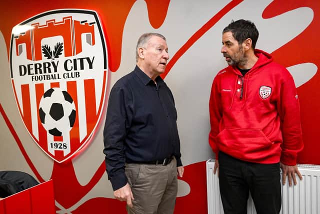 Derry City Chairman Philip O’Doherty, left, and manager Tiernan Lynch. Photo by Ramsey Cardy/Sportsfile