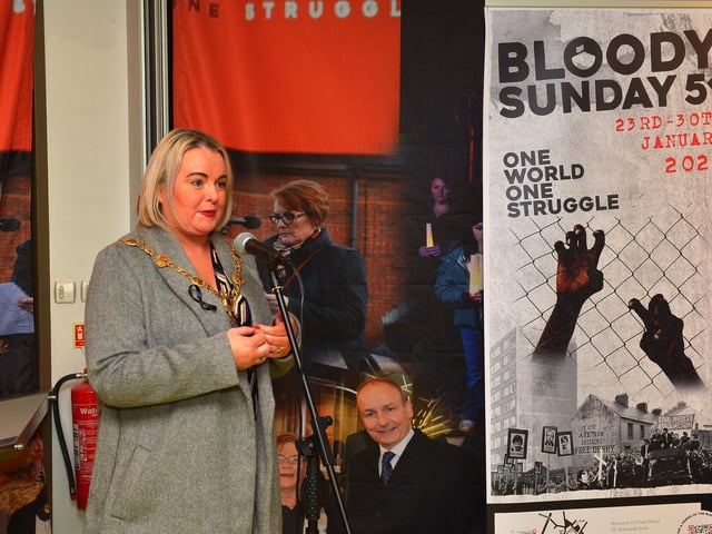Mayor Sandra Duffy speaking at the Order of Malta Exhibition launch in the Museum of Free Derry on Monday evening last. Photo: George Sweeney. DER2305GS – 58