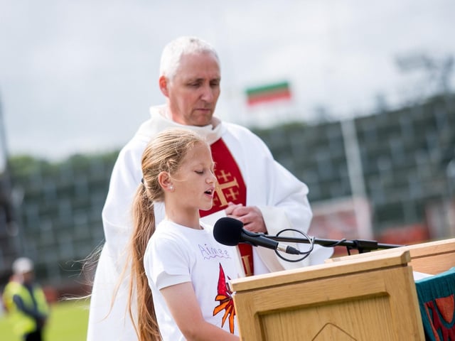 Participants at the Derry Diocese Fan The Flame annual Mass 2025 in Celtic Park.