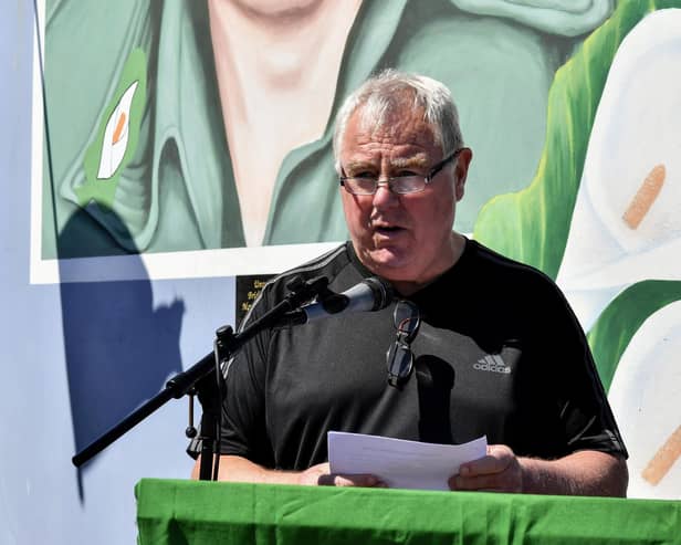 Author and former republican prisoner Richard O'Rawe delivered the oration at the 44th anniversary commemoration for IRA Volunteer George McBrearty held at the the Crann na Poblachta (Tree of the Republic) monument at Rinmore Drive in Creggan on Sunday afternoon. Photo: George Sweeney