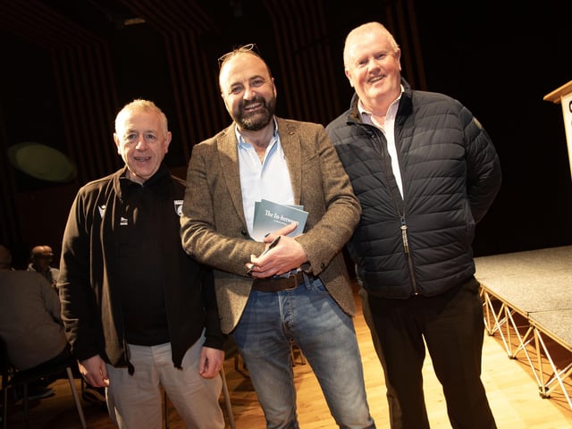 Feargal pictured with Brian Dunleavy and Liam Gallagher on Thursday night.