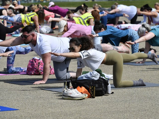 Participants at the Northlands Well Being Yoga event held in Ebrington Square on Saturday morning. The event was part of the Northlands 50th Anniversary Celebrations. Photo: George Sweeney