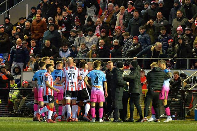 Tempers flare following Michael Duffy goal against Bohemians earlier this season which resulted in both managers seeing red. Photograph: George Sweeney