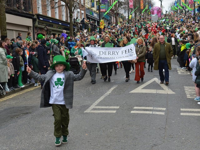The Derry St Patrick’s Day parade makes its way towards the city centre on Monday afternoon. Photo: George Sweeney.
