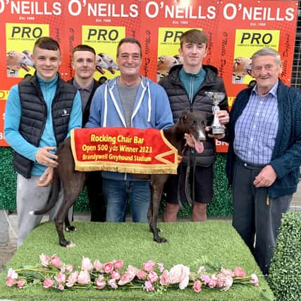 The Rocking Chair Bar Open 500 was won by 'One Love'.  Sponsor Brendan Duffy (right) presents Aidan Moore with the trophy with his father, Philip, holding the winner. Included are brothers Jack and Tom Mullan.