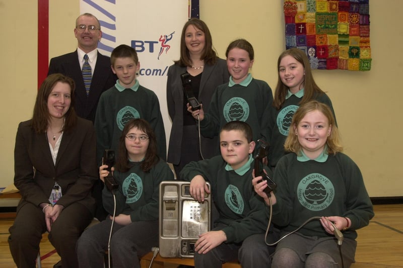 Children from Oakgrove Primary School take part in a BT talk about the effects of hoax 999 calls and vandalism to pay-phones with staff from the BT Nuisance Call Bureau. Included seated from left, Valerie Glass, Jill McCallion, Matthew Breslin and Laura Phillips. Standing, from left, Bill Coulter, James Monk, Angela McGrath, Kaysi Straw and Sarah Ross.