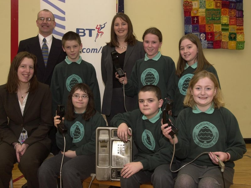 Children from Oakgrove Primary School take part in a BT talk about the effects of hoax 999 calls and vandalism to pay-phones with staff from the BT Nuisance Call Bureau. Included seated from left, Valerie Glass, Jill McCallion, Matthew Breslin and Laura Phillips. Standing, from left, Bill Coulter, James Monk, Angela McGrath, Kaysi Straw and Sarah Ross.