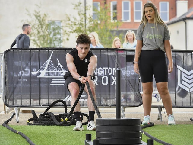 Competitor takes part in the Ebrington Hyrox on Saturday morning. Photo: George Sweeney