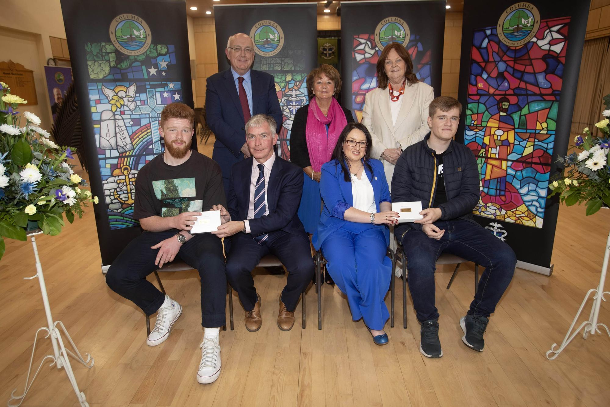Top Academic Achievement Prizewinners 4 Grade A/A* at A level - Christian Kelly and Ben Houston receiving their awards from Mr Niall Downey, Guest Speaker and Mrs C McLaughlin, Principal, at Thursday's St. Columb's College Prizegiving. At back are  Mr. P. Kelly, Ms M Hamilton and Mrs G Canavan board of governors.