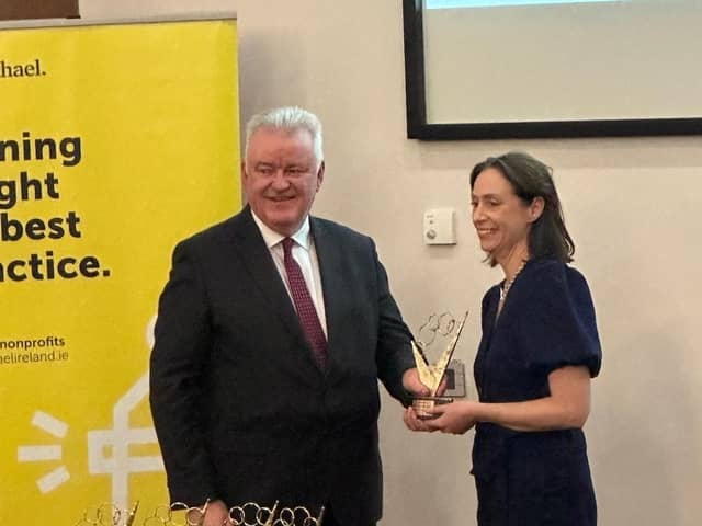 Helen Nolan, CEO, Spraoi agus Sport, accepts the Good Governance Award.