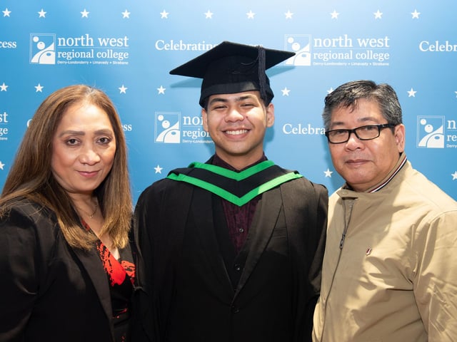 Dominic Malate pictured at NWRC's Higher Education and Access Graduation ceremony at the Millennium Forum with Lesar and Marilou. (Pic Martin McKeown)