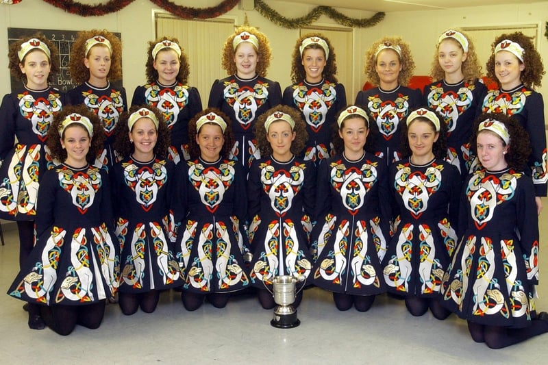 Girls from the Evans School of Irish Dance who won the senior figure championship, over 15, at the Ulster Dance Championships. Included, front from left, Debra Carlin, Klara Davidson, Catherine Kelly, Janice Grant, Aine O'Donnell, Roisin Coughlin, and Clare Morrison. Back row, from left, Rebecca Davidson, Michaela Temple, Roisin O'Donnell, Sarah McDaid, Claire Lynch, Catherine Patton, Ciara Appleton McDaid, Danielle Grant. (2811PG14):These Irish Dancing champions were featured in the 'Journal' in 2003 marking their achievements.