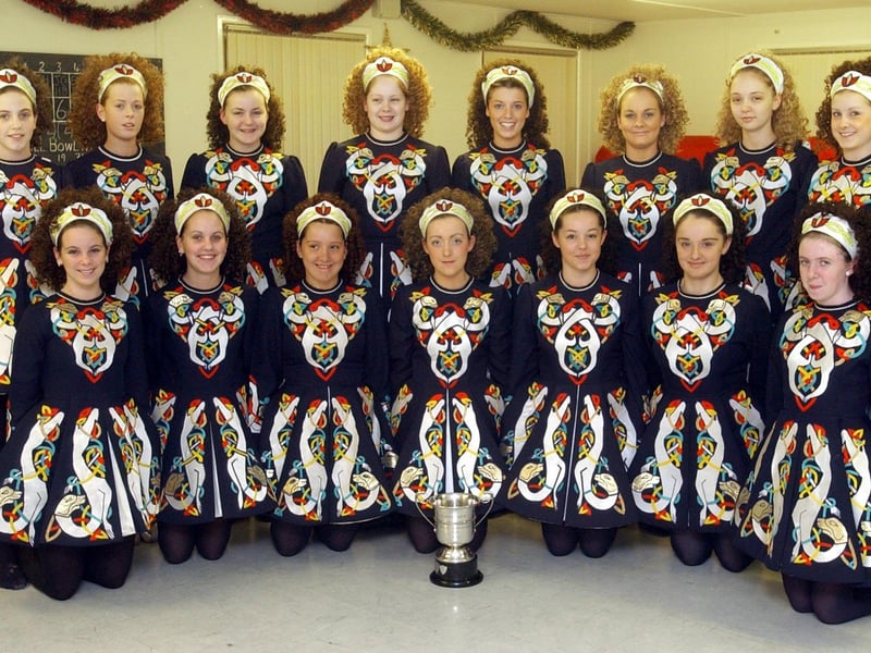 Girls from the Evans School of Irish Dance who won the senior figure championship, over 15, at the Ulster Dance Championships. Included, front from left, Debra Carlin, Klara Davidson, Catherine Kelly, Janice Grant, Aine O'Donnell, Roisin Coughlin, and Clare Morrison. Back row, from left, Rebecca Davidson, Michaela Temple, Roisin O'Donnell, Sarah McDaid, Claire Lynch, Catherine Patton, Ciara Appleton McDaid, Danielle Grant. (2811PG14):These Irish Dancing champions were featured in the 'Journal' in 2003 marking their achievements.