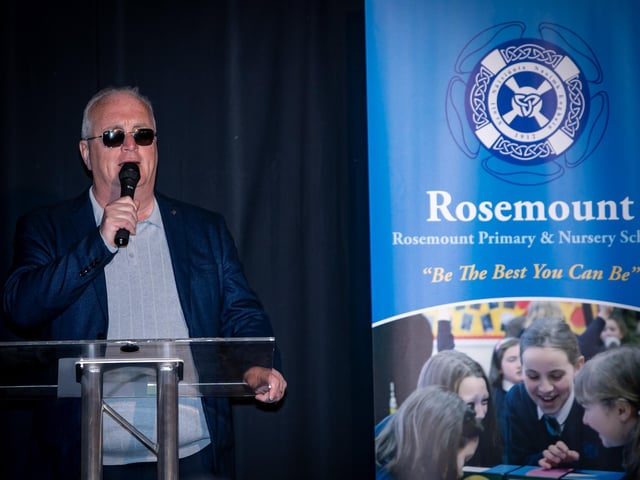 Richard Moore giving the inaugural Children in Crossfire Peacebuilding Lecture in Rosemount Primary School on Monday evening.