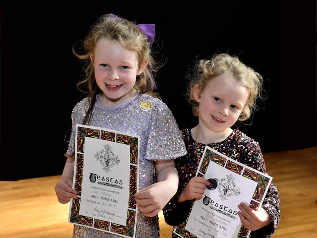 Aoife Heffernan gained third place U6 Irish Song and her sister Fiadh was highly commended in P3 English Song at Feis Dhoire Cholmcille. Photo: George Sweeney