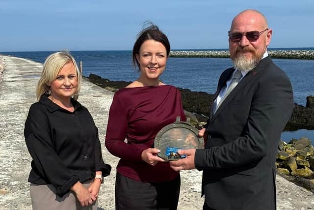 Pictured left to right, Lisa McLaughlin, Harbour Master, Infrastructure Minister Liz Kimmins and Robert Skelly, Chair of Coleraine Harbour Commissioners.