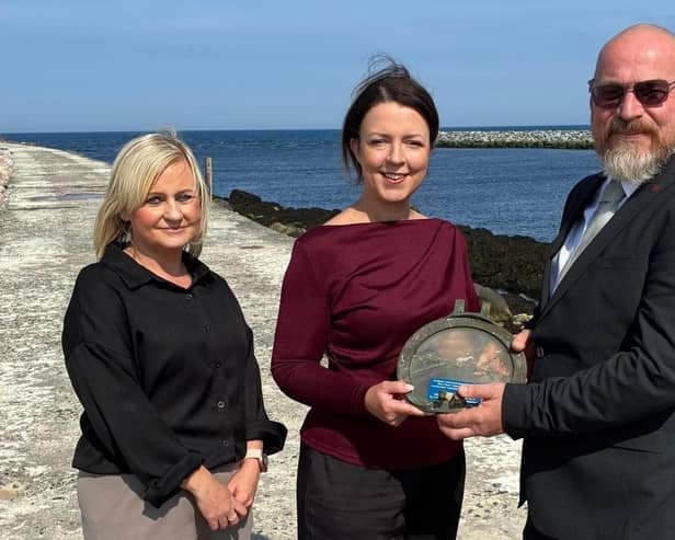 Pictured left to right, Lisa McLaughlin, Harbour Master, Infrastructure Minister Liz Kimmins and Robert Skelly, Chair of Coleraine Harbour Commissioners.