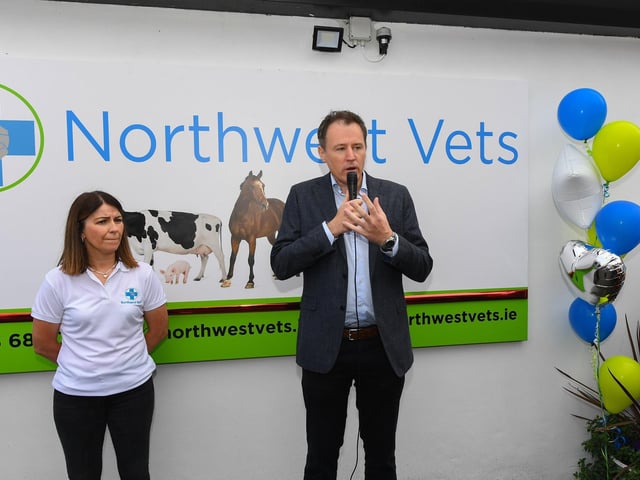 Charlie McConalogue, Minister for Agriculture, speaking at the official opening and open day of Northwest Vets at Moness, Burt, on Saturday afternoon. Included on the photograph is Maria Barron, practice manager. Photo: George Sweeney
