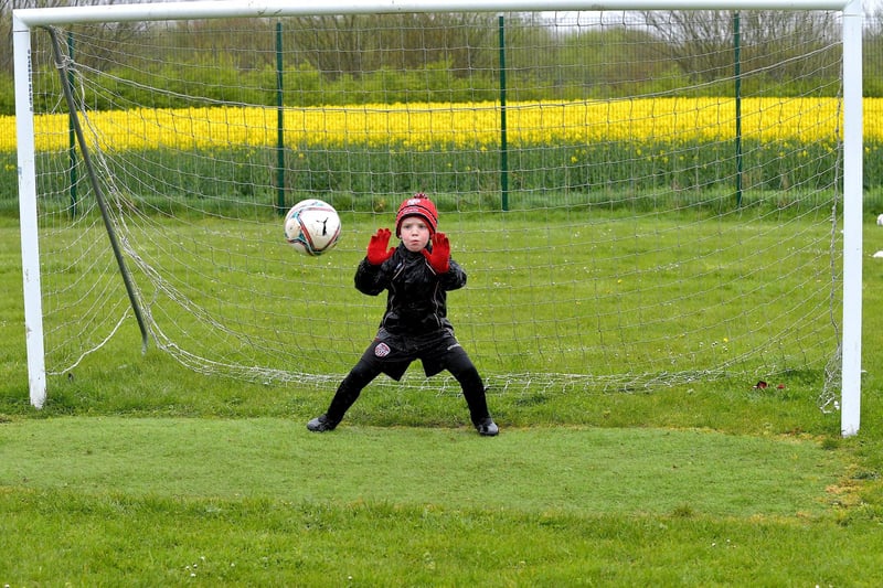Goalkeeping skills on show at the Derry City Easter Camp, on Tuesday,  at Broadbridge Primary School. Picture: George Sweeney. DER2315GS – 134