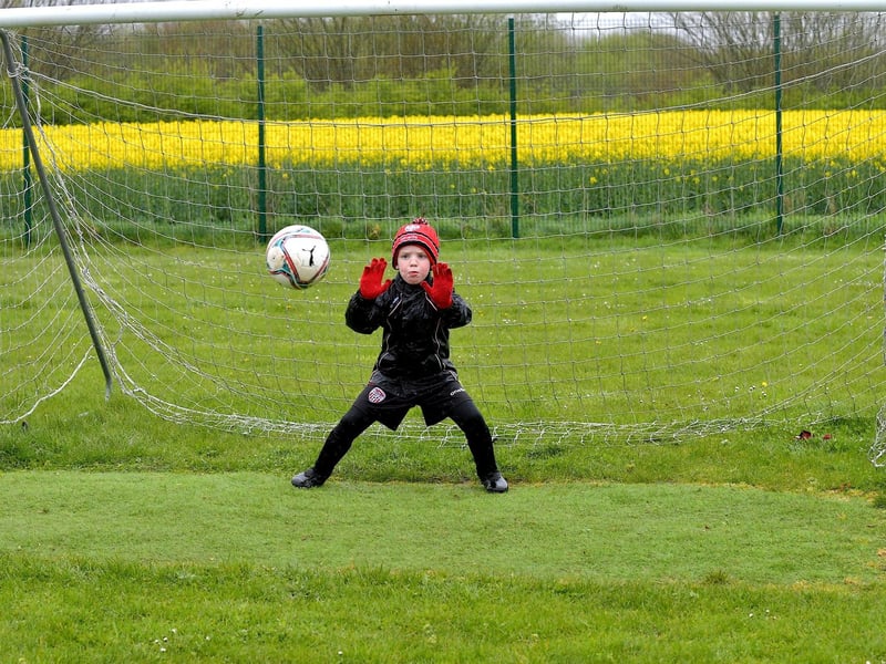 Goalkeeping skills on show at the Derry City Easter Camp, on Tuesday, at Broadbridge Primary School. Picture: George Sweeney. DER2315GS – 134
