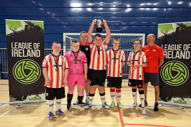 Derry City celebrate winning the LOI Cairdeas Cup Festival G2 final at the National Indoor Arena on the Sport Ireland Campus in Dublin. Photo by Paul Phelan/Sportsfile