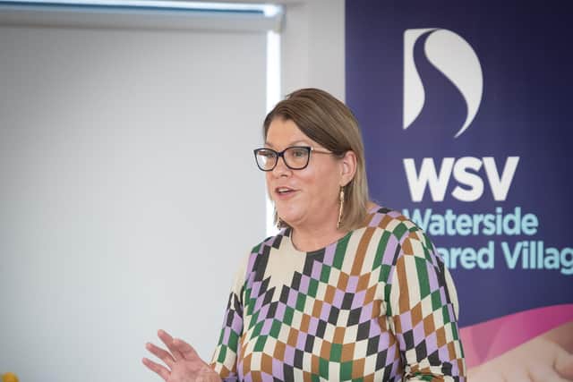 Karen McFarland, Director of Health and Community, DCSDC addressing the attendance at Tuesday's Waterside Shared Village celebrations.