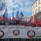 Derry Trades Union Council leading the strike march down Shipquay Street.