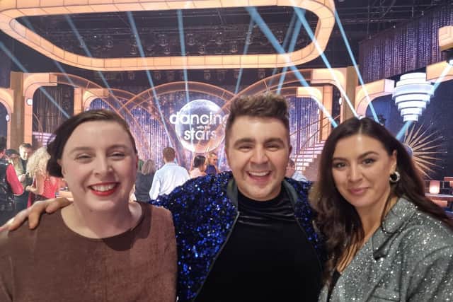 2FM presenter Carl Mullan and his sisters Therese and Emma on the set of the Dancing with the Stars.